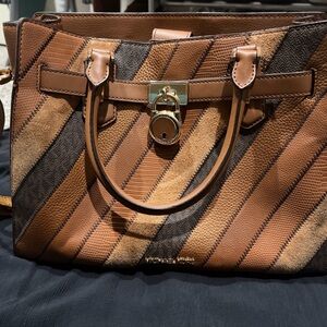 Michael Kors Tan and Brown Striped Satchel